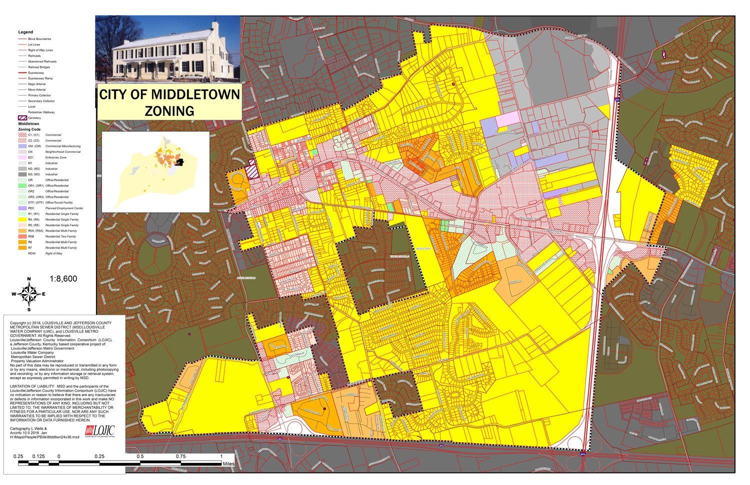 City of Middletown zoning map showing various color-coded zones with a legend and scale indicator.